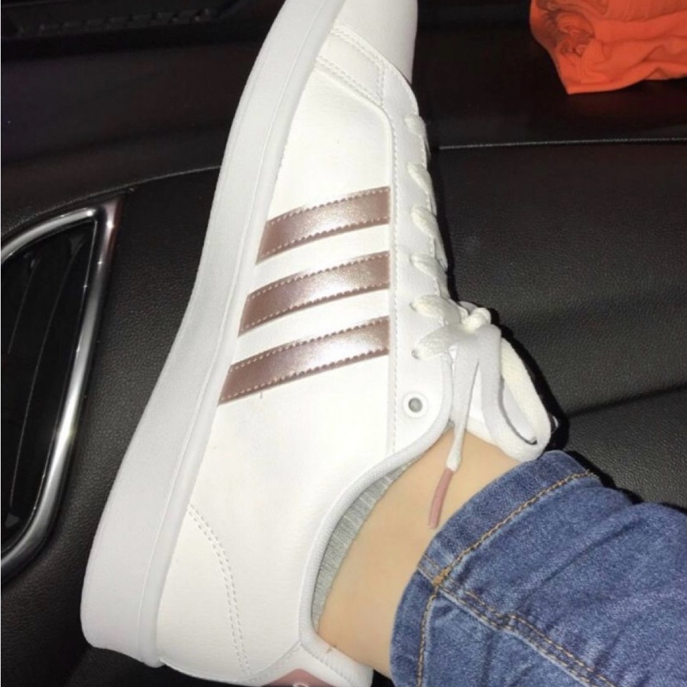 Adidas Women's White and Light Pink Striped Sneakers - Picture 2 of 7